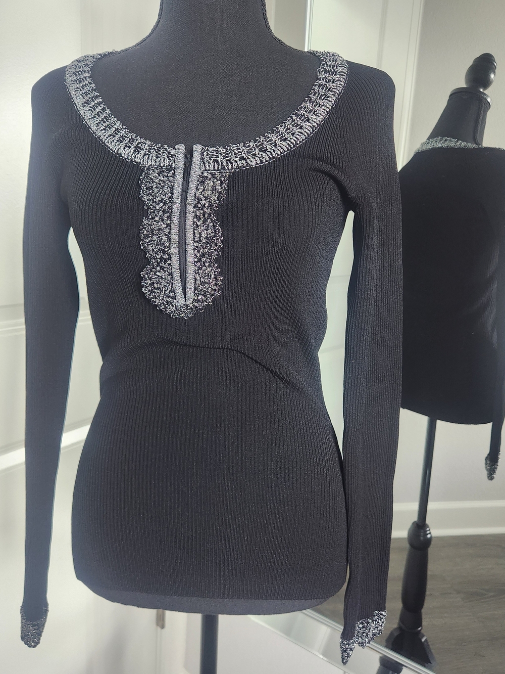 Cache Black Ribbed Long-Sleeve Top with Silver Trim